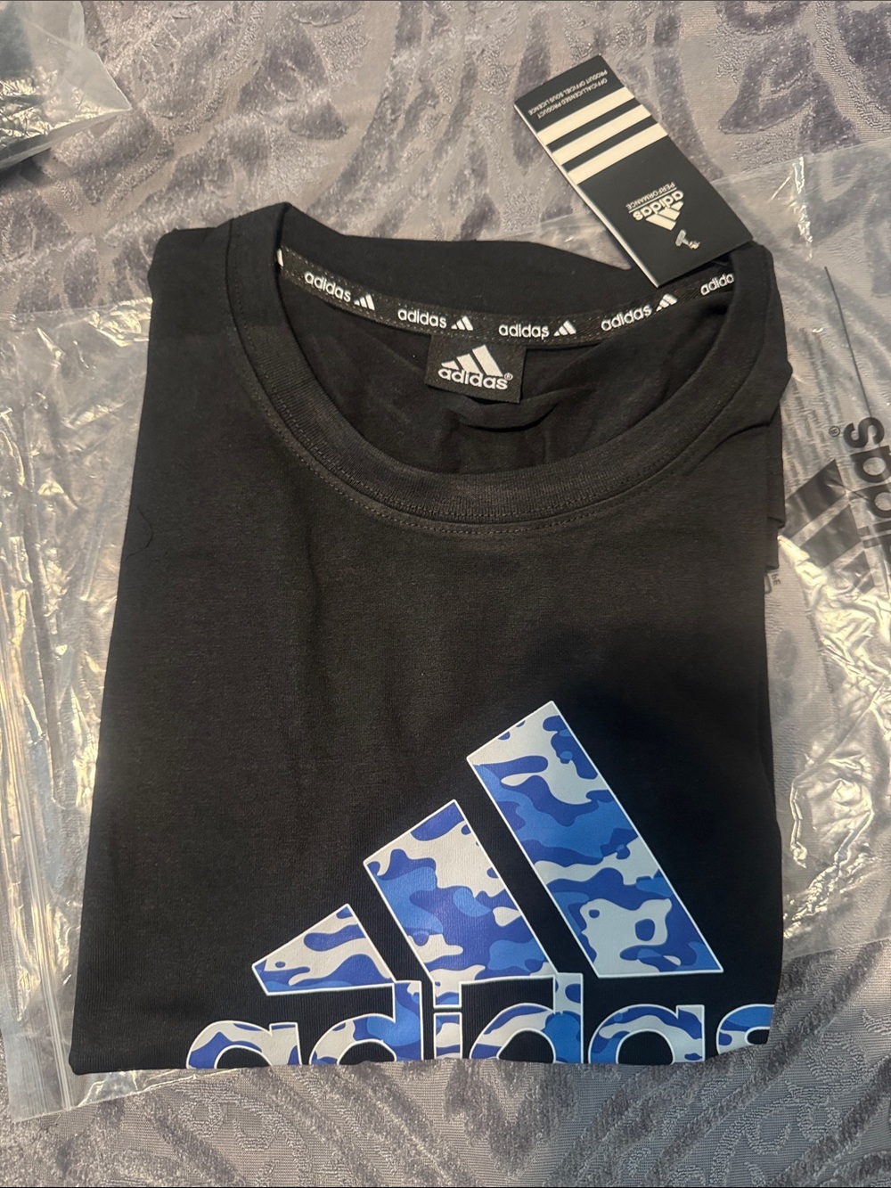 adidas Black Tee with Blue Camo Logo